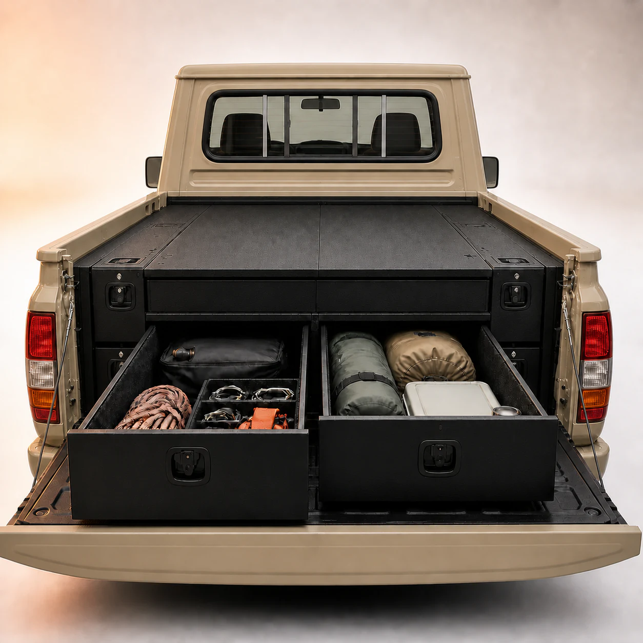 Beige Toyota Land Cruiser pickup bed storage drawers and side compartments